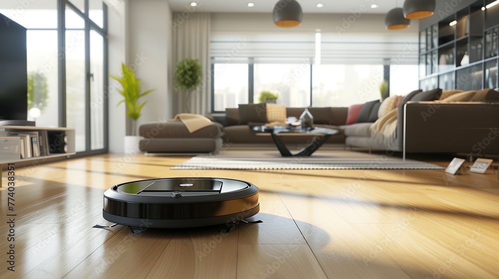 Robot vacuum cleaner in the modern living room Robot vacuum cleaner in the modern living room