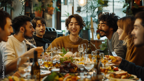 group of asian people in restaurant, ai photo