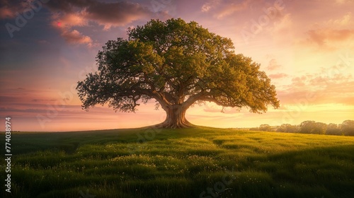 Majestic ancient tree alone in a green field