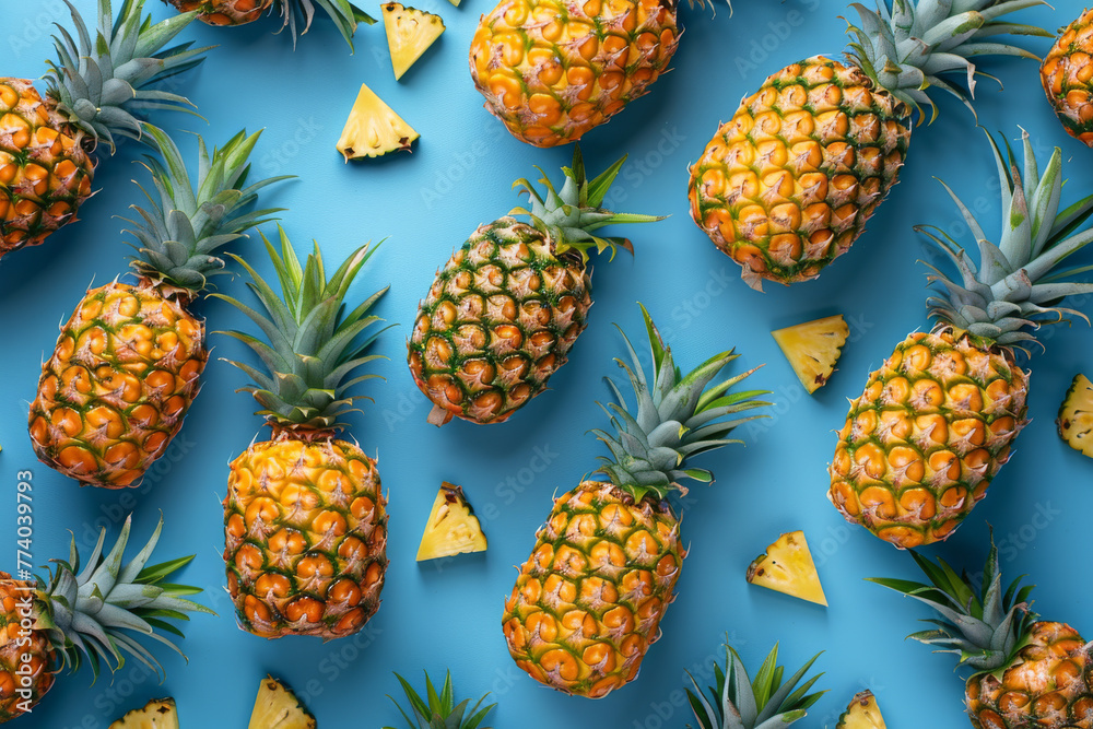 Fresh Pineapples and Slices on Vibrant Blue Background