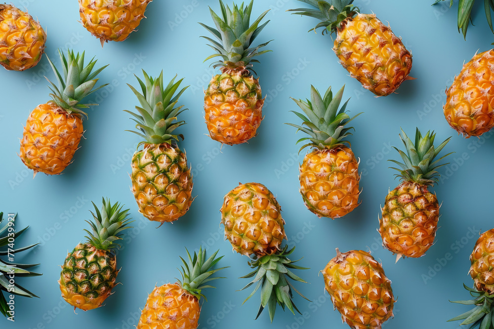 Fresh Pineapples Collection on Blue Background Fresh Pineapples Collection on Blue Background