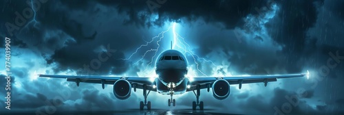 Passenger plane on runway amidst intense lightning
