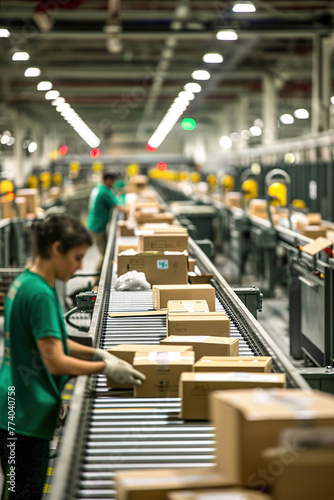 Online order fulfillment center house, automated conveyor systems, storage racks, and packing stations. Workers pick and pack items for customer orders.