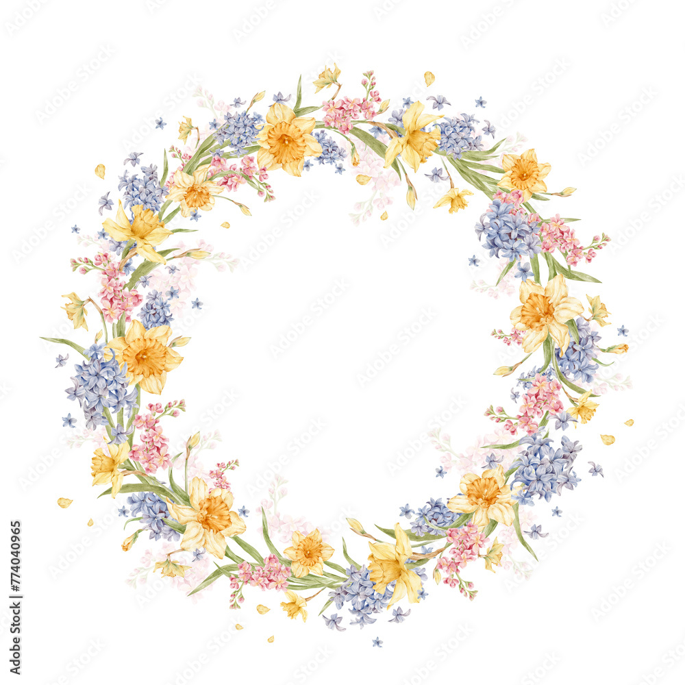 Gentle watercolor wreath with spring blossom. Watercolor flowers, daffodils, hyacinths