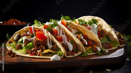 Crunchy beef tacos with fresh lettuce, cheese, and tomatoes on a wooden board. Generative AI