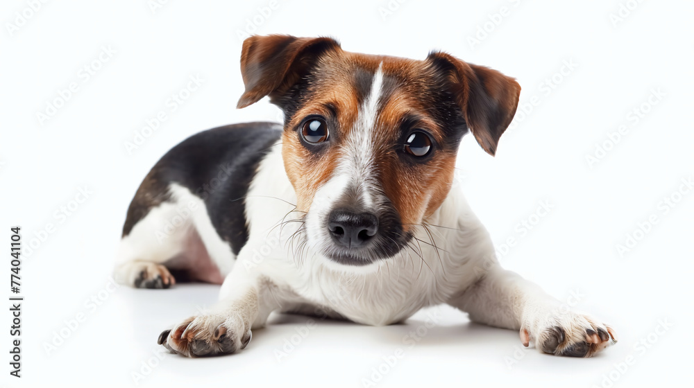 A cute white Jack Russell Terrier puppy with perked ears stands alone on a white background