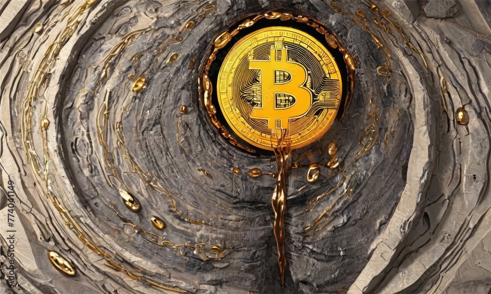 Artistic depiction of a golden Bitcoin melding with a rugged, rock texture symbolizing cryptocurrency's solid impact AI generation