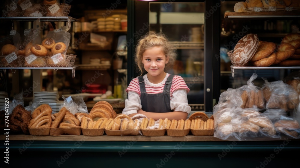 Little girl behind the counter sells bread. Portrait of child, working as baker. Choosing future profession. Bakery, small private shop and family business.