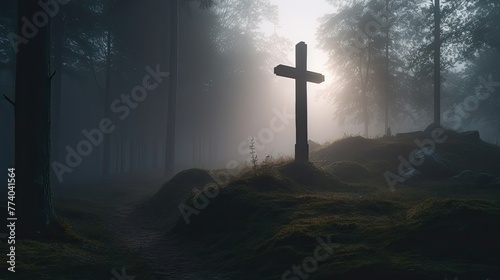 Cross in midst of misty forest. Christian symbol among rocks and trees. Concept of finding the way and faith. AI generated