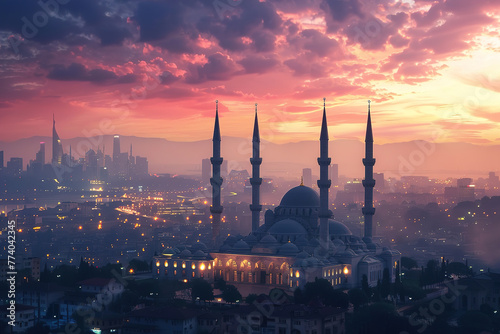 Mosques silhouette against sunset sky with stars