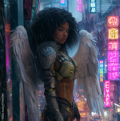 beautiful dark skinned woman, black curly hair, dark brown eyes, curvacious, kind looking, silver and gold ornate armor, white long feathered wings, standing on the side of a rainy neon pink and blue  photo