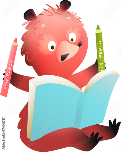 Forest kindergarten class, little teddy bear enjoy reading book and drawing with pencils. Education art and study for kids in nature with animal character. Vector clipart illustration for children. © Popmarleo
