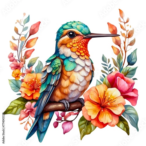Watercolor illustration portrait of a cute adorable hummingbird animal with flowers on isolated white background.   © AkosHorvathWorks