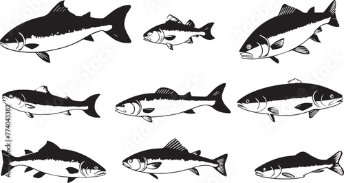 set of algae fish black silhouette isolated vector
