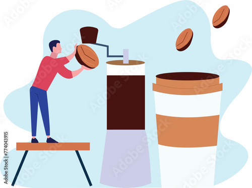 The boy is grinding coffee.