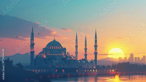 blue mosque at sunset