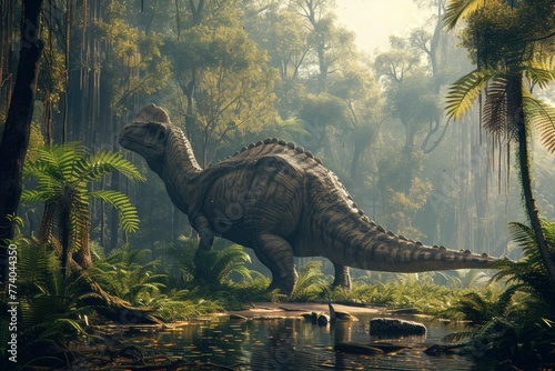 Majestic Dinosaur Standing by a Water Source in a Sunbeam-Filled Jungle.Generative ai. © JIRMoronta