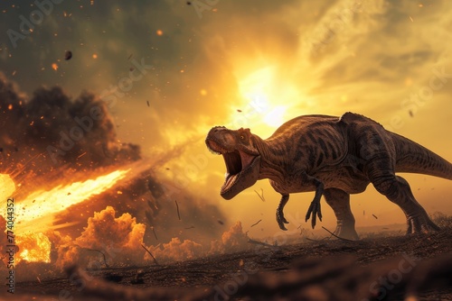 Fierce Tyrannosaurus Rex Roaring as Meteorites Fall.Generative ai. © JIRMoronta
