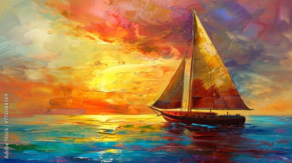 The sailing boat is painted in oil.