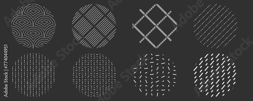 White seamless small dash pattern set. Abstract hipster geometric print. Simple black crosshatch repeat circle design. Linear tribal brush stroke wallpaper swatch. Diagonal endless stone doodle line.
