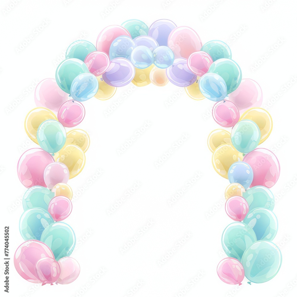 Party balloon arch in a birthday party theme with pastel colors on a white background. Party balloon arch in a birthday party theme with pastel colors on a white background.