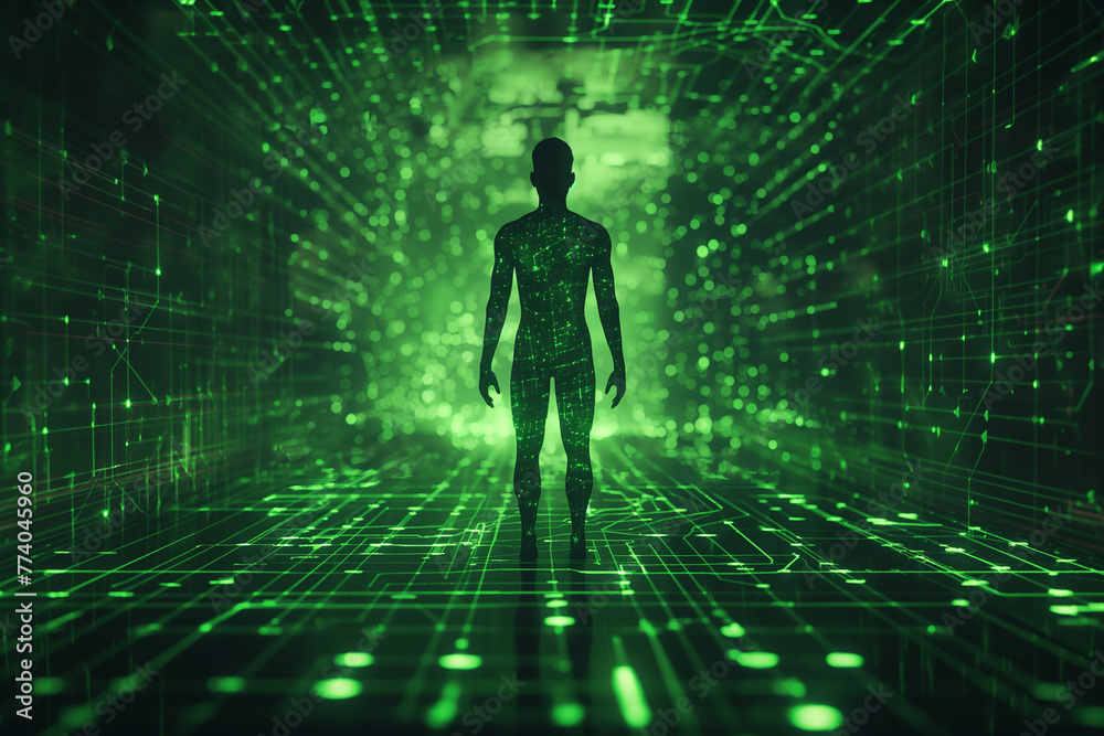 Human silhouette in the technology data corridor. Futuristic tech concept. 3D abstract background Human silhouette in the technology data corridor. Futuristic tech concept. 3D abstract background