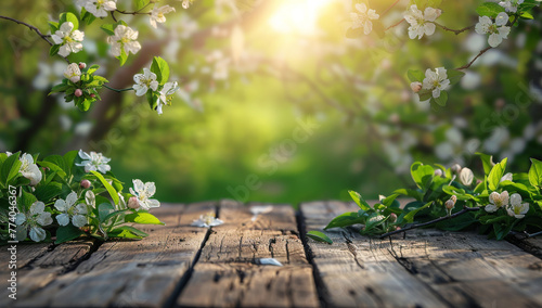 Blooming Spring Flowers on Wooden Surface with Sunlight