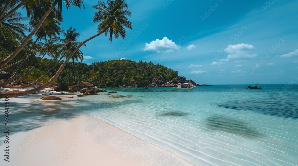 Fototapeta premium Discover the tranquility of a pristine beach with lush palm trees and clear blue waters