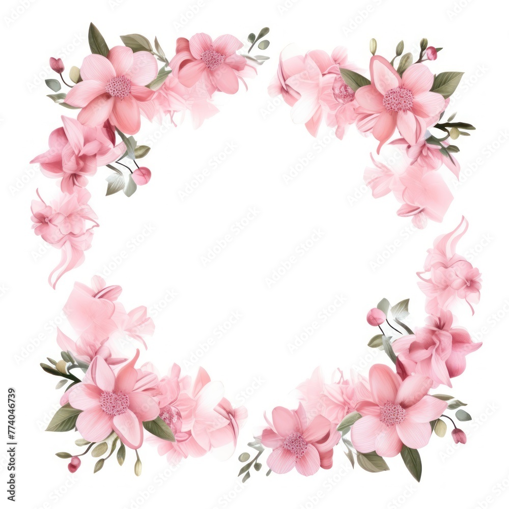 Pink thin barely noticeable flower frame with leaves isolated on white background pattern 