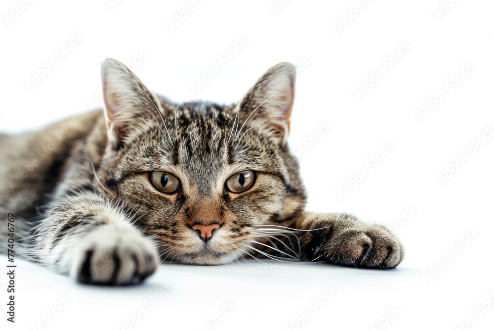 Domestic Cat Lying on a White Background Domestic Cat Lying on a White Background