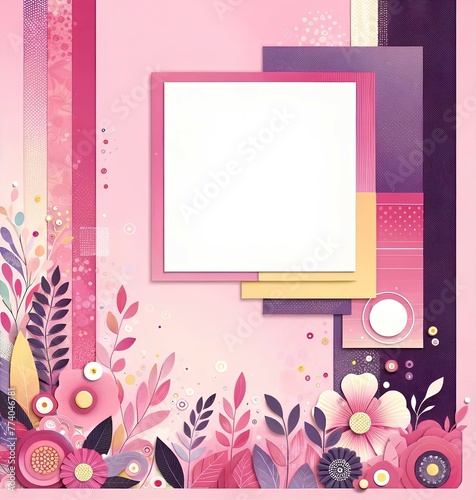 Picture Frame With Flowers and Leaves on Pink Background Scrapbooking