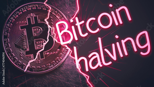 Bitcoin halving neon glowing sign next to BTC crypto coin cracked in two parts on dark background. Cryptocurrency breaking. Reward for Bitcoin mining is cut in half in 2024 concept photo