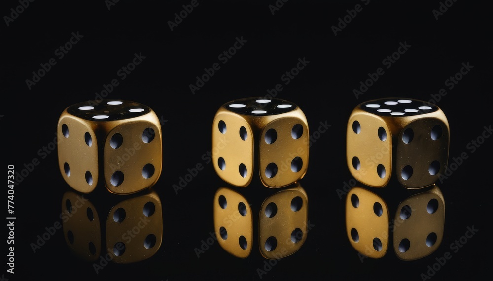 Four gleaming golden dice are arrayed on a black background, their mirrored reflections adding depth to the scene. Each die is an agent of chance, ready to cast its verdict in the game of luck. AI Four gleaming golden dice are arrayed on a black background, their mirrored reflections adding depth to the scene. Each die is an agent of chance, ready to cast its verdict in the game of luck. AI