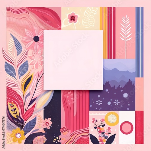Floral Picture Frame With Flowers and Leaves Scrapbooking Pink.