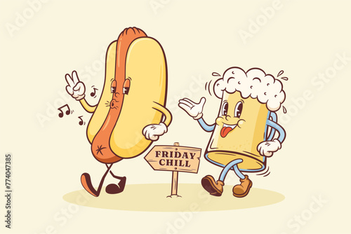 Groovy Hotdog and Beer Mug Retro Character Illustration. Cartoon Sausage, Bun and Drink Glass Walking Smiling Vector Food Mascot Template. Happy Vintage Cool Fast Food Rubberhose Style Drawing