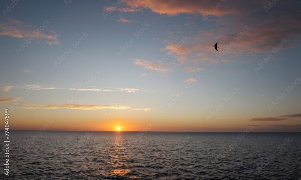 A lone bird flies over the sea as the early dawn breaks, with a gentle palette of colors painting the sky. The calmness of the open waters reflects the soft sunrise hues. AI generation