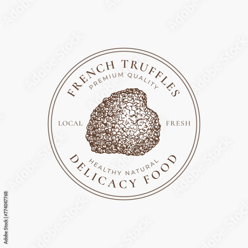 Truffle Mushroom Frame Badge Logo Template. Hand Drawn Fungus Sketch with Retro Typography and Circle Borders. Vintage Gourmet Drawing Emblem Isolated