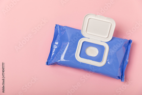 Packaging of wet wipes on background. An open pack of hand and body wipes. Mockup. A clean packet of wet wipes. Design. Place for text. Copy space.