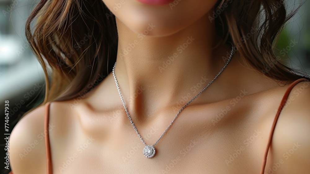 attractive model wearing a silver necklace with diamond pendant; concept of luxury and jewelry attractive model wearing a silver necklace with diamond pendant; concept of luxury and jewelry