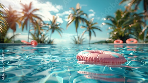 Tropical pool with floating pink swim ring. Summer vacation. Sunny day  relax.