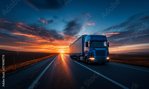 Blue Truck driving on the asphalt road in rural landscape at sunset