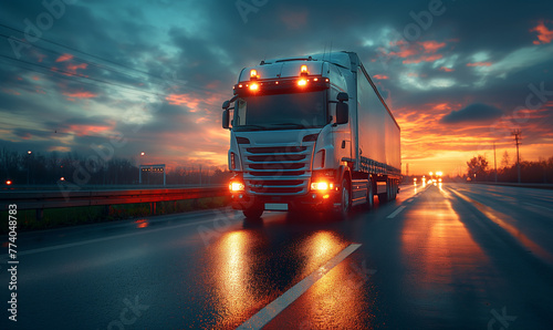 Front view of truck driving on rural road at sunset