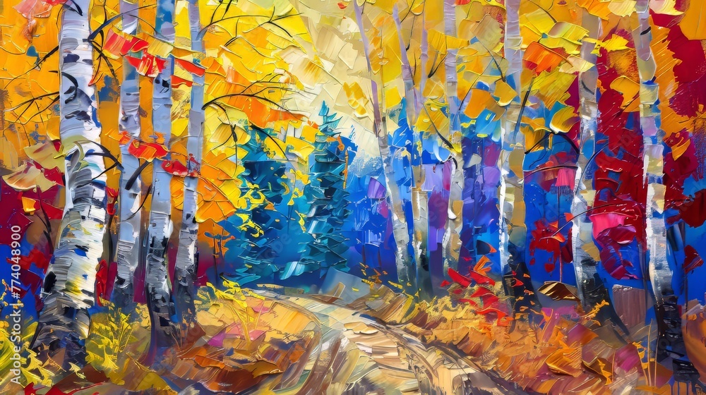 The landscape in this painting is depicted as a forest with aspen trees with yellow, red leaves. This painting is part of an impressionist painting series.