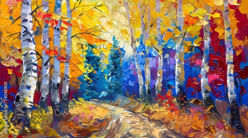 The landscape in this painting is depicted as a forest with aspen trees with yellow, red leaves. This painting is part of an impressionist painting series. © Zaleman