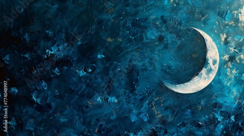 Painting of a moon on the night sky. Astrological background in blue. photo