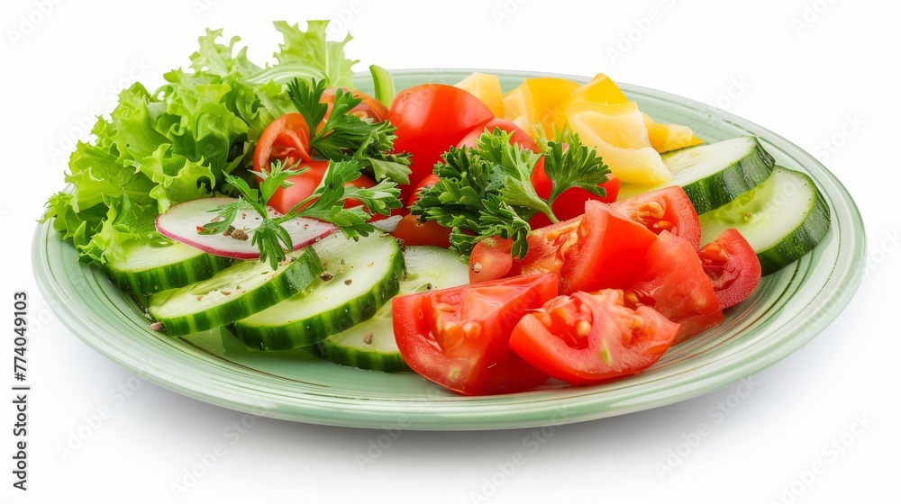 On a white background, a plate of chopped vegetables and sauce is isolated