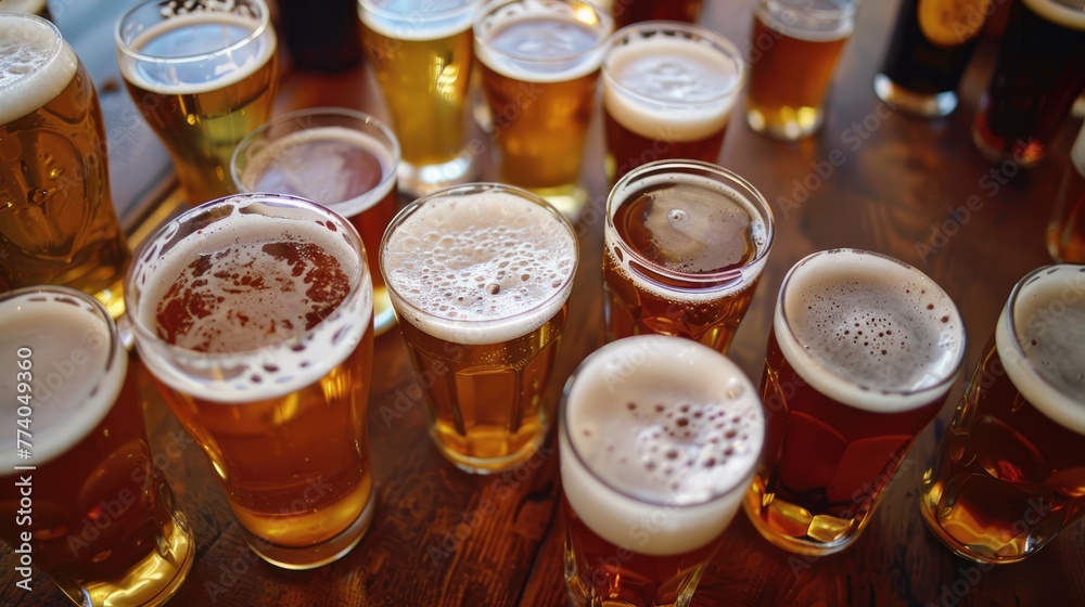 Top view of A variety of full, frothy lager glasses and sizes on table in the pub.