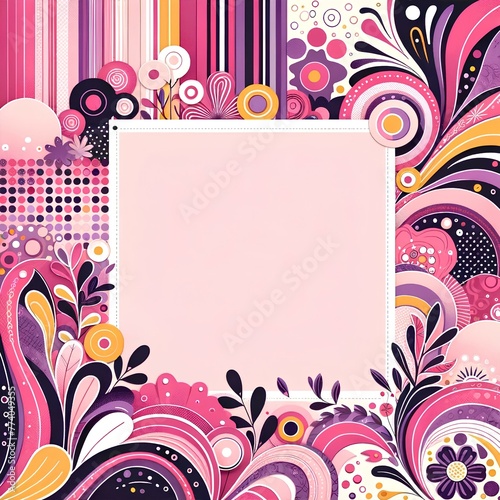 Colorful Abstract Floral and Striped Design Frame With Central Blank Space for Text or Image Scrapbooking