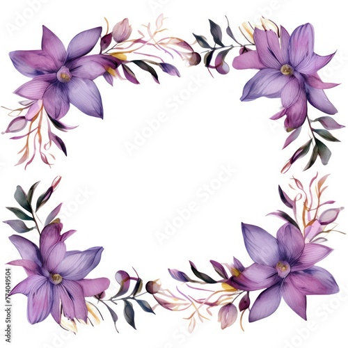 Purple thin barely noticeable flower frame with leaves isolated on white background pattern