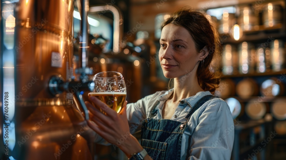 Portrait of woman brewery master holding glass of beer. Small business, Production of craft beer.